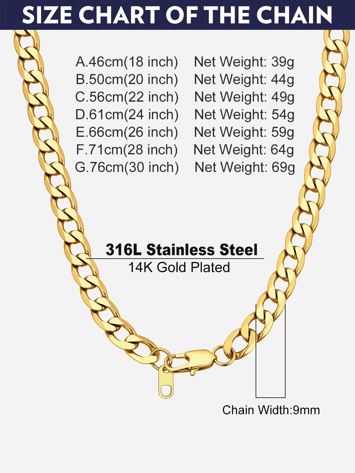 Bandmax 9MM Cuban Link Chain Necklace for Men Women Stainless Steel 14K Gold Plated Flat Curb Chain 22 Inches Rapper Mens Jewelry Birthday Father Day Gift for Dad Son Husband Grandpa