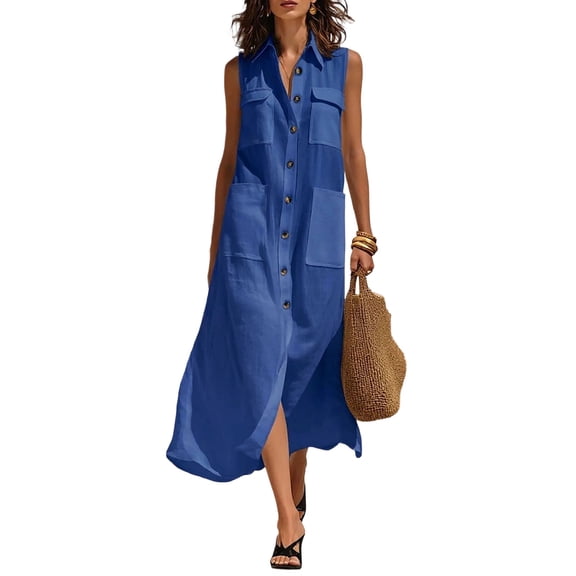 Admvng Dresses for Women Plus Size Textured Sleeveless Collar Casual Flowy Summer Maxi Shirt Dress
