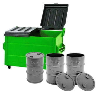 Wrestling Dumpster Set Of 3 - 6 Inch Scale Action Figure Accessory With Opening Lid & Wheels, Blue Green Black