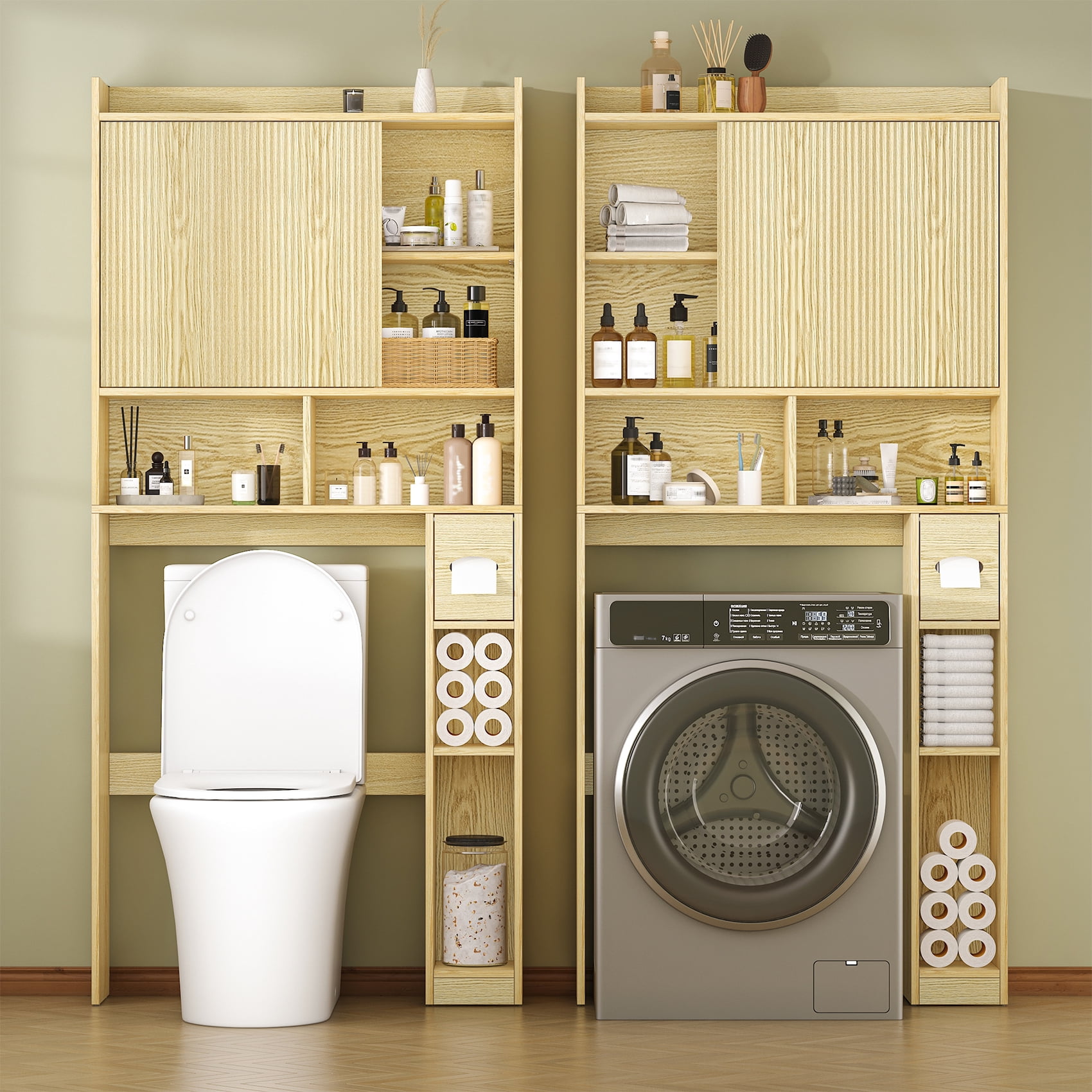 Frmobepts Over The Toilet Storage Cabinet with Toilet Paper Holder Stand, Above Toilet Organizer with Doors, Behind Toilet Shelf for Restroom, Bathroom, Laundry, Oak