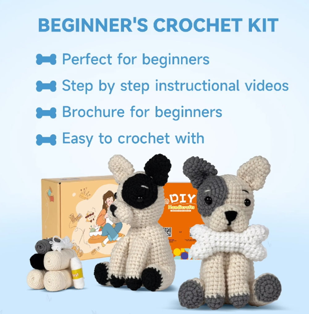 French Bulldog Crochet Kit for Beginners, 2-Pack Dog Amigurumi Starter Set with Step-by-Step Video Tutorials, DIY Craft Gift, TIKA
