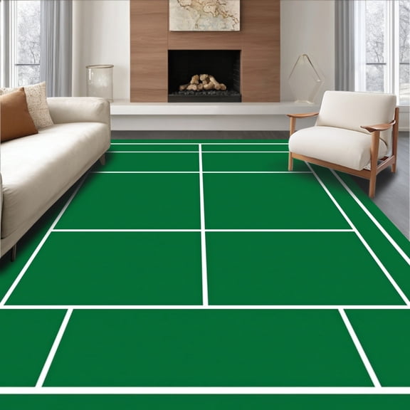 ODIKA 4'x6' Machine Washable Non-Slip Area Rug, Tennis Court Baseline Service Box Net Sports Competition High Traffic Rug, Green, 668618