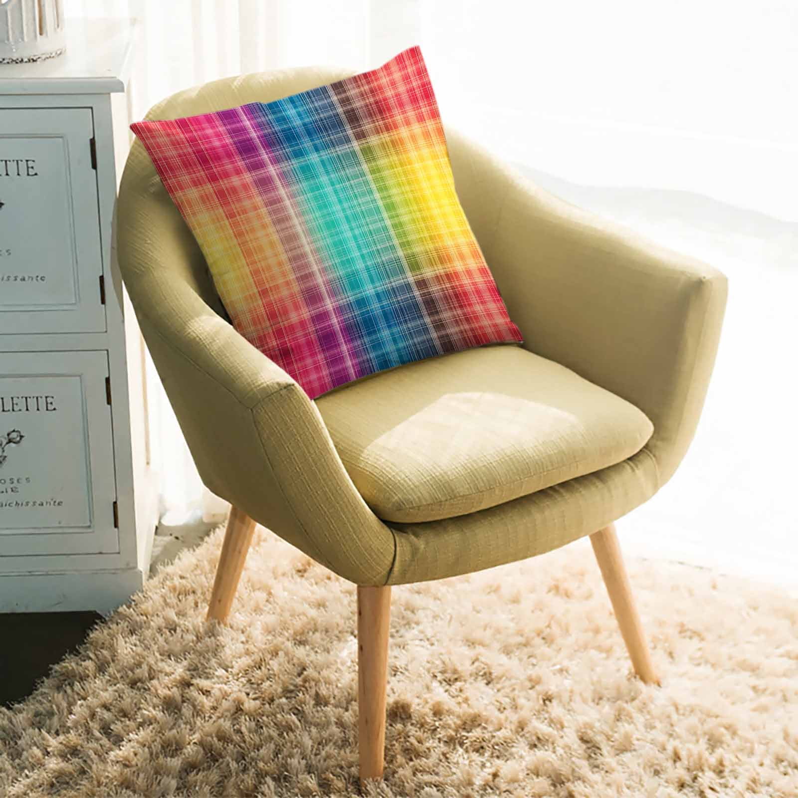 Throw Pillow Covers 26x26 Inch, Colorful Plaid Decorative Pillow Cases for Couch Sofa Bed, Modern Chic Rainbow Gradient Striped Cotton Linen Square Home Decor Pillowcases with Hidden Zipper