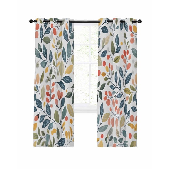Colorful Botanical Blackout Curtains, Light Blocking Print Window Curtains, Spring Summer Leaf Floral Pastoral Thermal Insulated Window Drapes for Living Room Kitchen Cafe 2 Panels, 104"W x 96"L