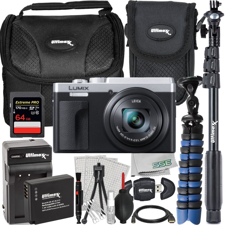 Ultimaxx Advanced Panasonic Lumix DC-TZ95D Camera Bundle (Silver) -  Includes: 64GB Extreme Pro SDXC, Replacement Battery, Monopod, Mini Tripod  & Much