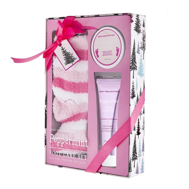 Live Green Juego de baño y pedicura corporal: juego relajante para el cuidado de los pies con calcetines rosados, loción para pies de menta y exfoliante para pies, regalo navideño para mujeres