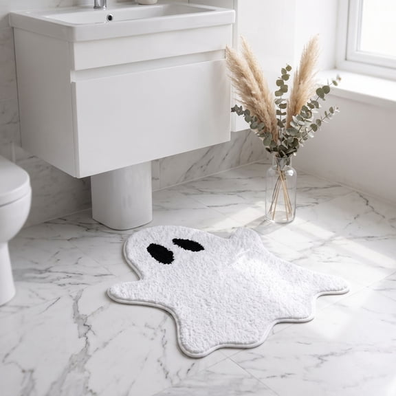 Cute Ghost Shaped Bath Mat, Tufted Ghost Rug, Non-Slip Microfiber Floor Mat for Halloween Bathroom Decor, 27.55 x 19.68 In