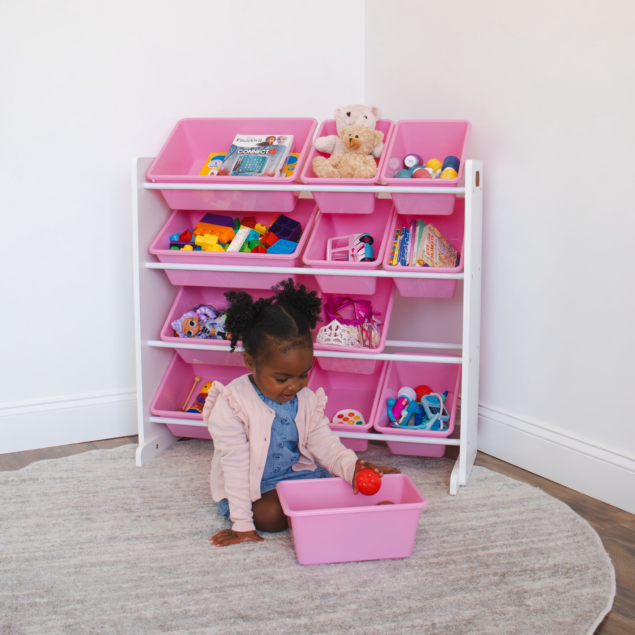 Humble Crew Bath Toy Organizers White/Pink Carly Toy Storage Organizer with 12 Plastic Storage Bins