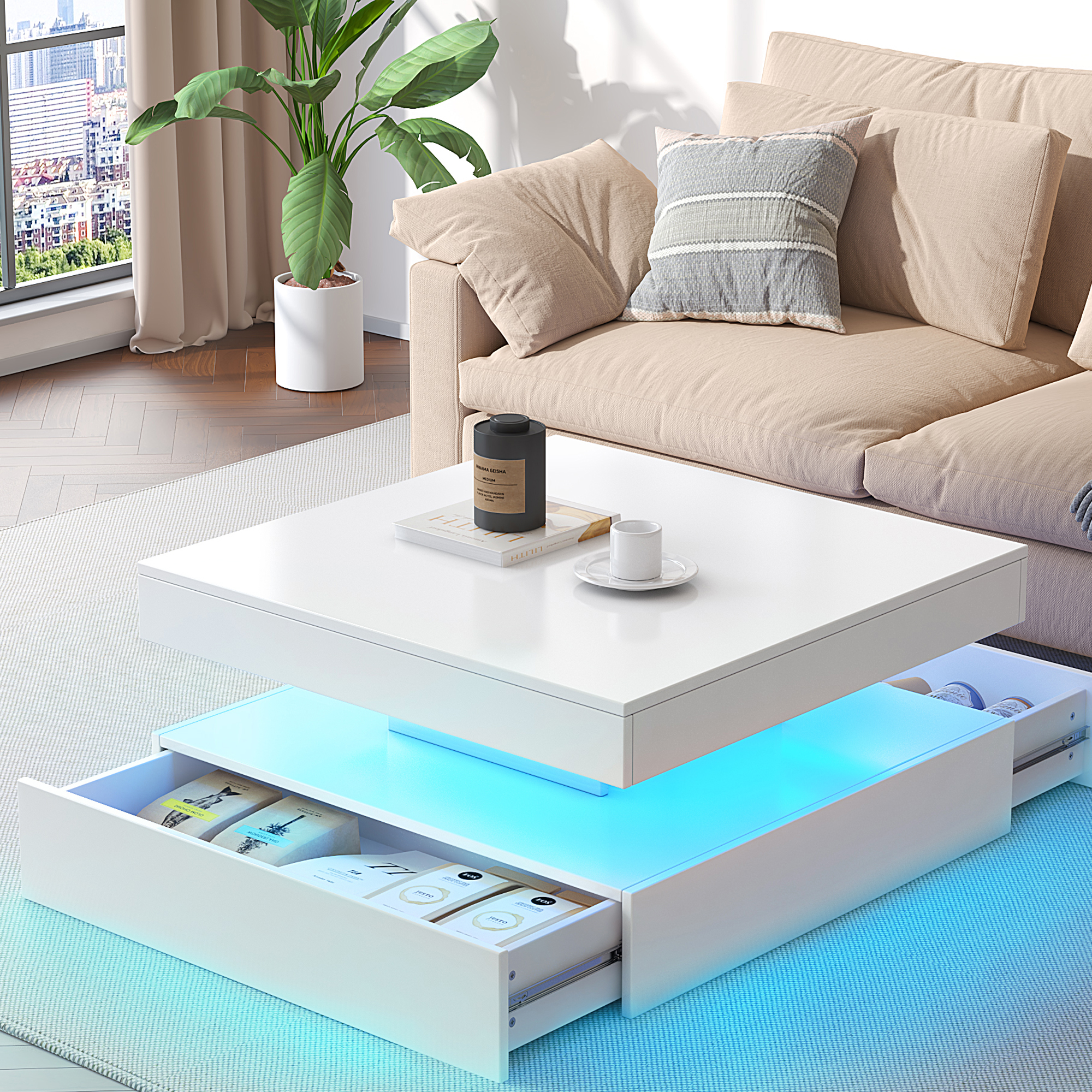 Sinsoledad High Gloss White Coffee Table With LED Lights – Modern Cocktail Table For Living Room