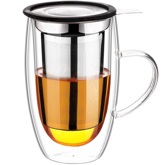PARACITY Double Wall Glass Tea Infuser Mug with Lid and Strainer, 16 oz, Clear