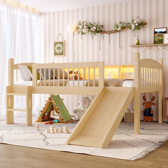 Low Loft Bed with LED Lights, Wooden Twin Size Loft Bed with Slide and Stair, Twin Bed Frames with Storage Shelves and Under-Bed Play Space, Natural