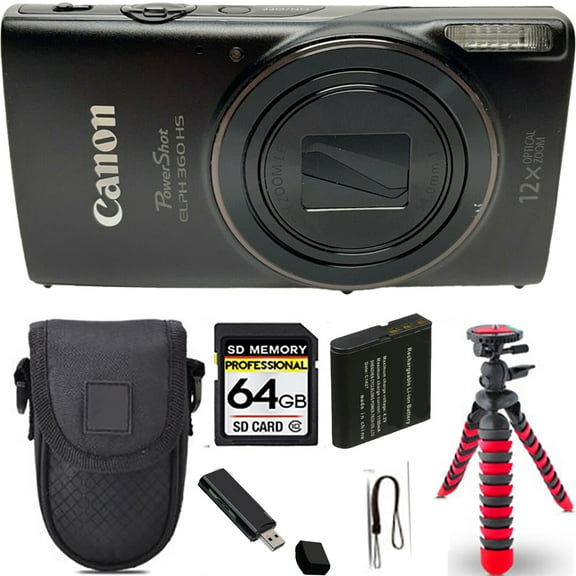 Canon PowerShot ELPH 360 Camera (Black)    Tripod   Case - 64GB Kit (International Version)