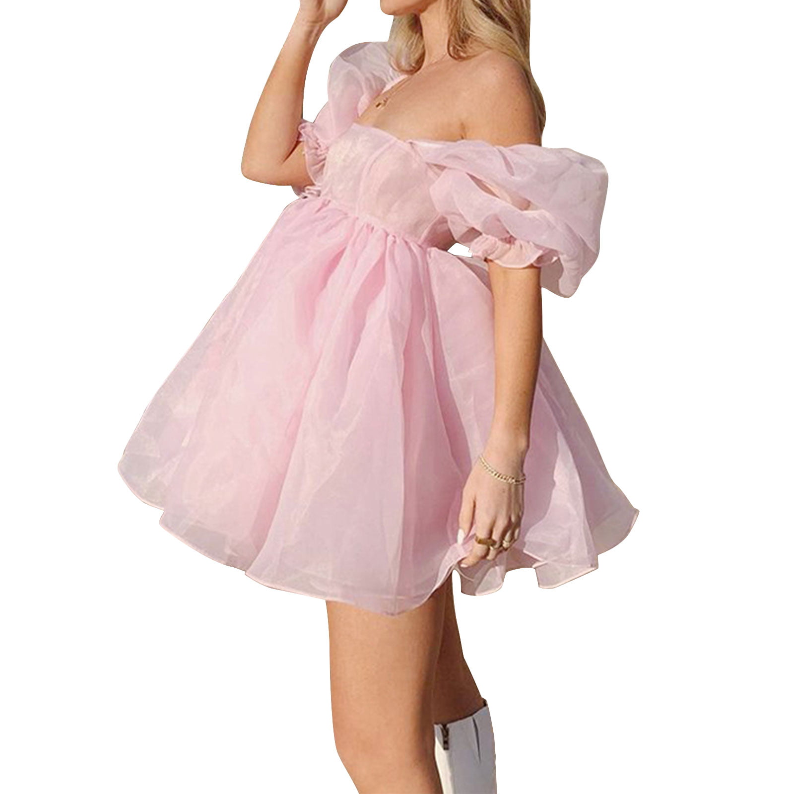 Women&#39;s Off Shoulder Puffy Sleeve Mini Dress Tulle Princess Dress -  Walmart.com