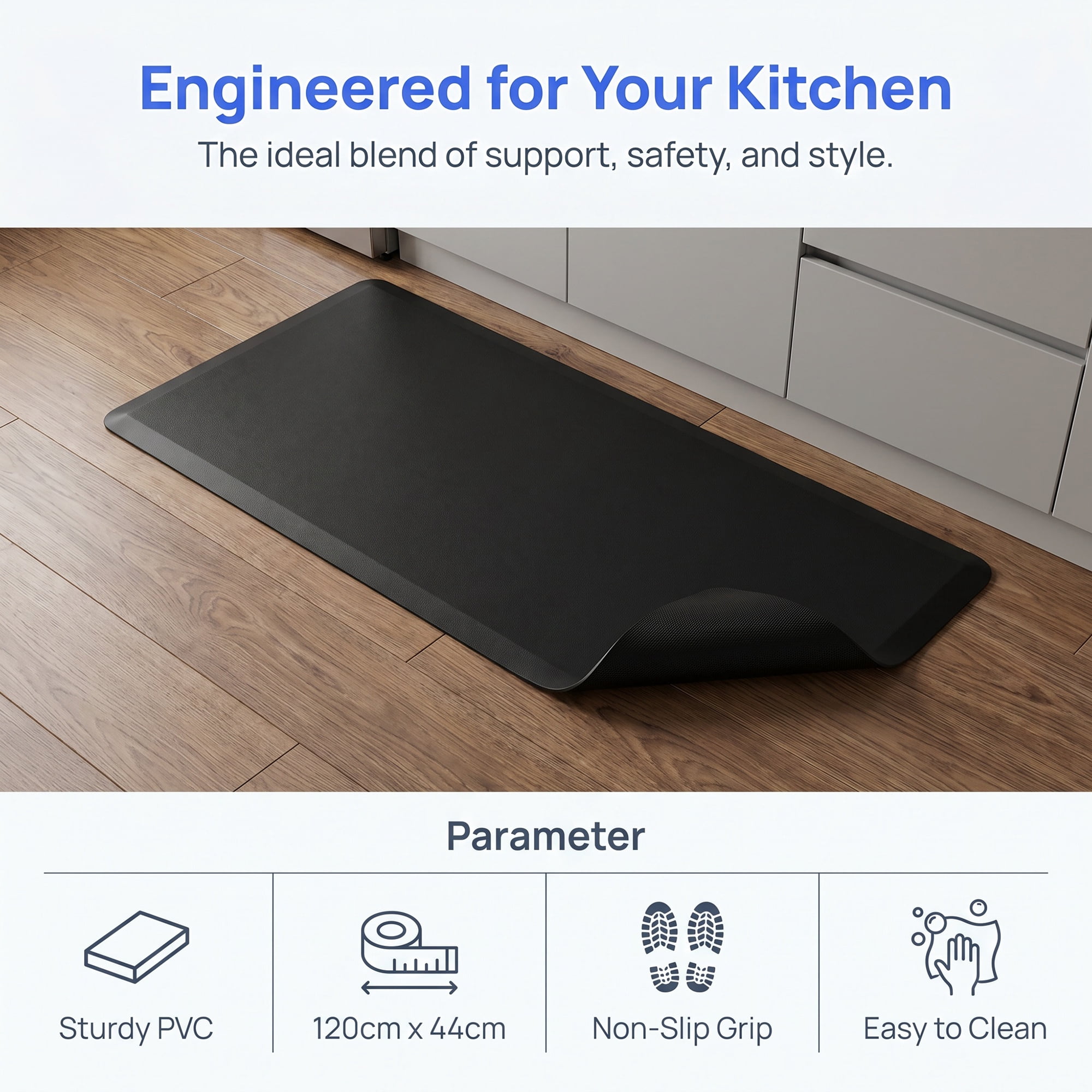Unique Bargains Anti-Fatigue Cushioned Ergonomic Waterproof PVC Floor Rug Black 47" x 17"