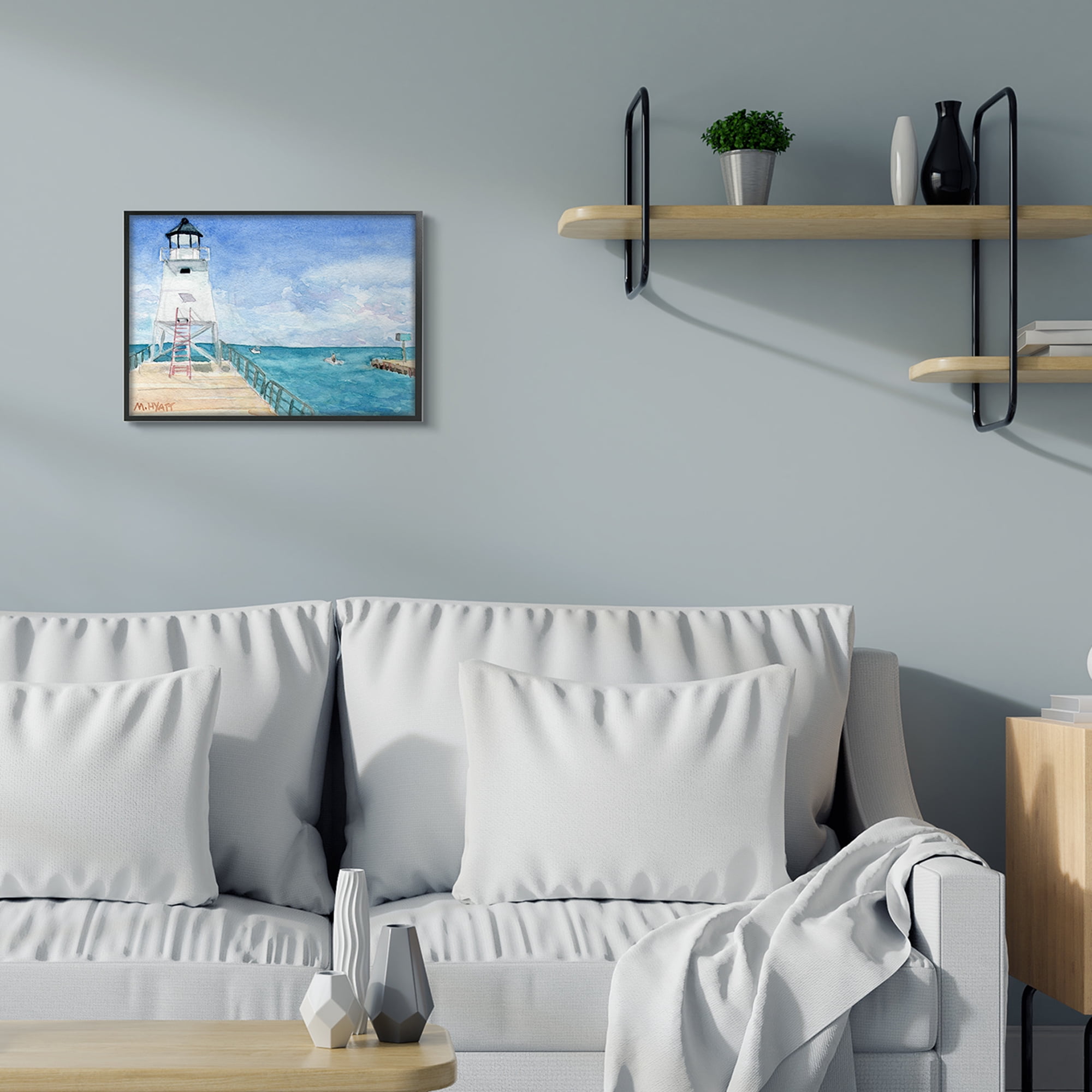 Stupell Industries Boardwalk Leading to Lighthouse Seaside Landscape Black Framed, 16 x 20, Design by Melissa Hyatt LLC