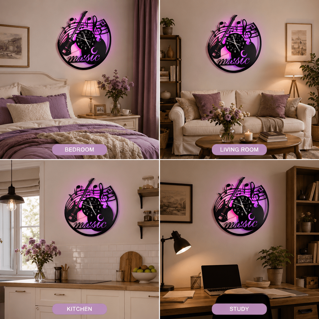Guitar Vinyl Record Wall Clock with 7-Color LED Night Light, Silent Non-Ticking Music Theme Home Decor, Unique Music Lovers Gifts for Men Women Friends