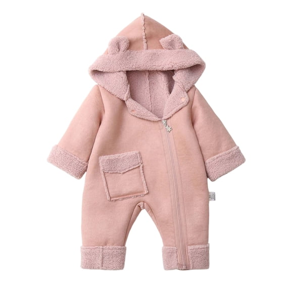 Snowsuit For Toddler Bear Ears Hooded Front Zip Long Sleeve Jumpsuit Thick Thermal One Piece Oneises Bodysuit (18 Months, Pink)