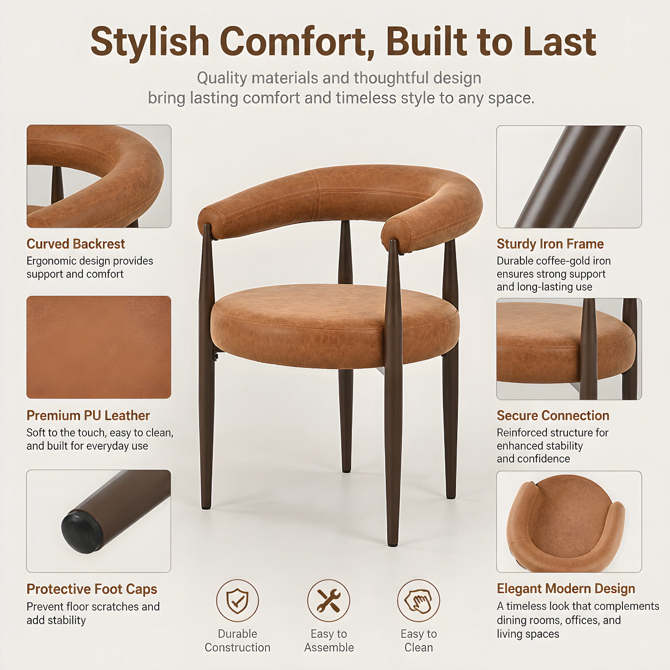 2 Pcs Curved Back Dining Chairs, Iron Frame Upholstered PU Leather Accent Side Chairs, Reddish Brown Coffee-Gold Vintage Barrel Dining Arm Chairs for Kitchen Dining Room Restaurant