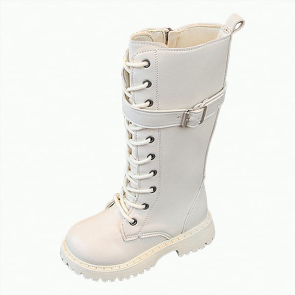 TAmten Girls Black Boots Boys Girls Waterproof Combat Boots Lace Up Side Zipper Ankle Booties for Toddler/Little Kid/Big Kid(White,10.5)