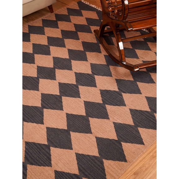 Rugsotic Carpets Hand Woven Flat Weave Kilim Wool Eco-Friendly 3'x5' Area Rugs Rectangle Brown Charcoal Contemporary Modern Design Low Pile Indoor Handmade Rug for Living Room, Bedroom D00108
