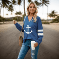 thumbnail image 2 of Womens Anchor Print V Neck Pullover Top Loose Long Sleeve Striped Lightweight Soft Lounge Sailor Cruise Shirt, 2 of 4