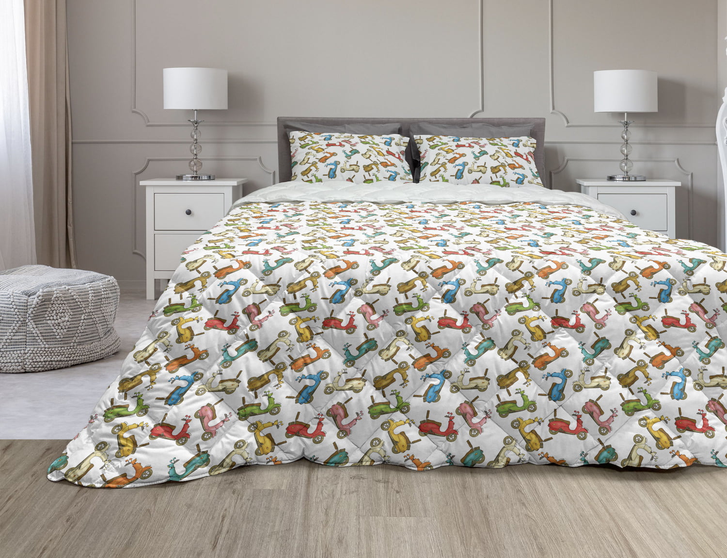 Mopeds Scooters Print Motorcycle Quilted Bedspread & Pillow Shams Set 