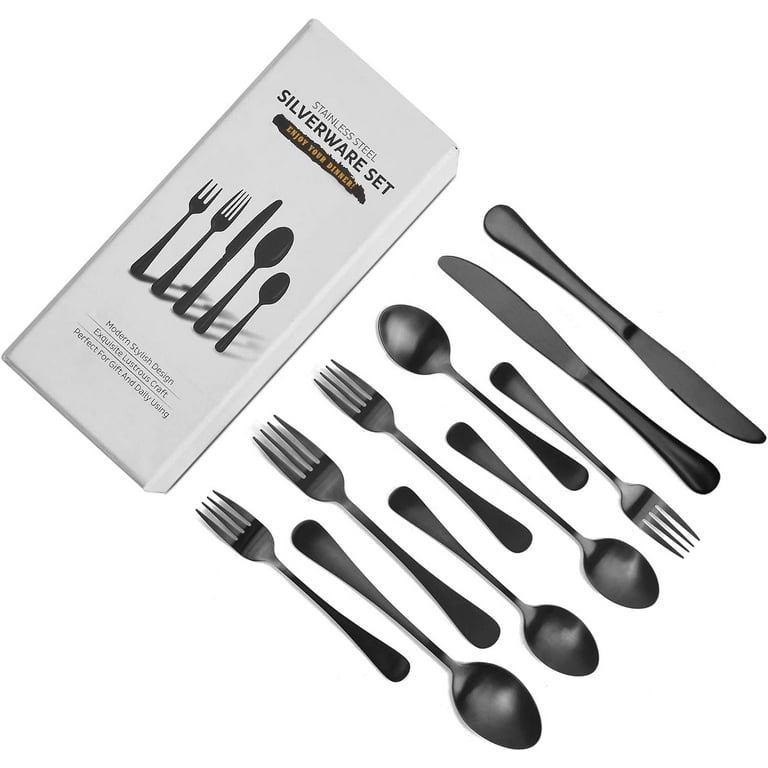 Black Silverware Set for 8, 40 Pieces Stainless Steel Flatware Cutlery Set,  Mirror Polished Tableware Kitchen Utensil Set, Include Knives Spoons