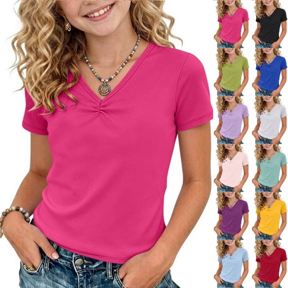 Acaics Girls Short Sleeve Ruched V Neck Basic T-Shirt, Soft Stretch Solid Color Casual Summer Tee Top for Kids Girls 4 to 15 Years Old