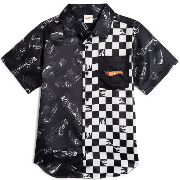 Hot Wheels Toddler Boys' Racing Button Down Shirt Black Checkerboard
