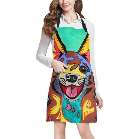 

ASHLEIGH Zentangle Stylized Chihuahua Puppy Dog Painting On Wood Adjustable Bib Apron with Pockets Commercial Restaurant and Home Kitchen Adjustable Apron