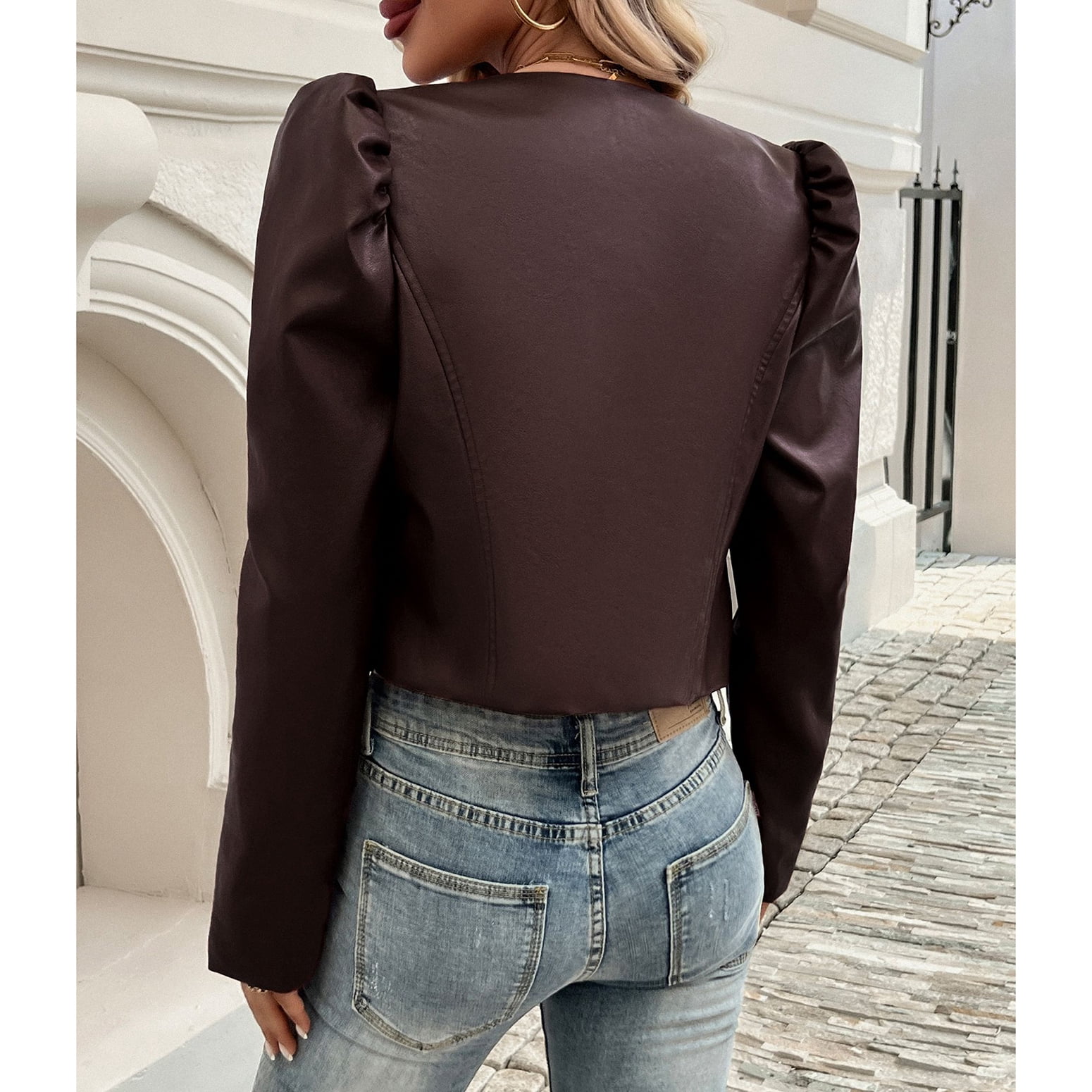 SWSMCLT Women's Leather Jacket Winter Puff Sleeve Faux Leather Dinner Jacket Fall Long Sleeve Fashion Brown Medium