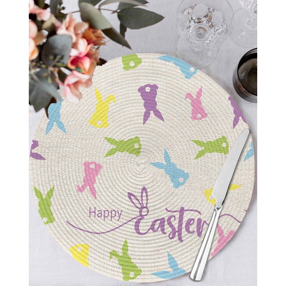 13 Inch Round Placemats Set of 6, Bunny Easter Non Slip Heat Insulation PP Table Mats, Spring Rabbits Vintage Rustic Washable Place Mats for Kitchen Dining Party Table Decor
