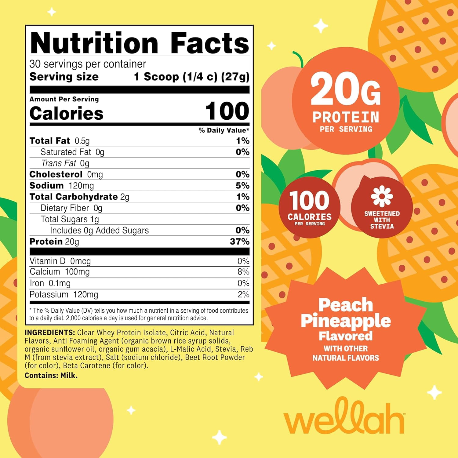 Wellah Clear Whey Protein Isolate Powder (Peach Pineapple) 30 Servings - 20g of Protein, 100 Calories, Sweetened with Stevia