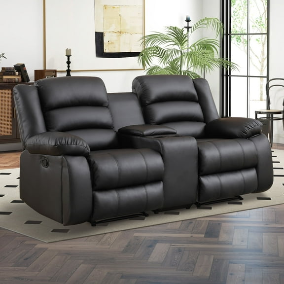 Bonzy Home Faux Leather Manual Loveseat Recliner, Reclining Sofa Chair with Cup Holder, Couch Set for Living Room, Bedroom Furniture,Meeting Room, Black (Loveseat)