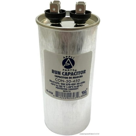

Appli Parts Run Capacitor For Ac 50 Mfd Uf (Microfarads) 370 VAC Or 450 VAC CBB65 Round Universal Fit For Hvac And Other Applications 4-3/4 In High 2 In Wide CON-50-450
