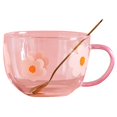 thumbnail image 1 of Taza de leche de vidrio de 500 ml con estampado de flores, con cuchara rosa, 1 of 5