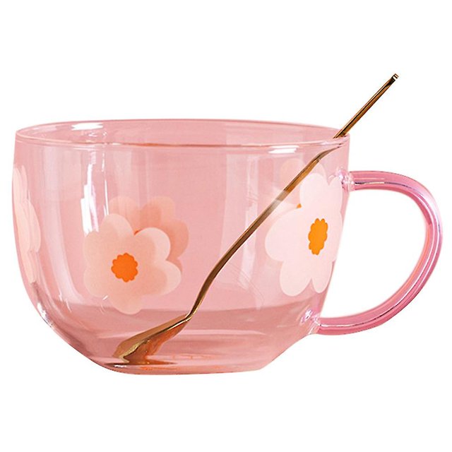 Taza de leche de vidrio de 500 ml con estampado de flores, con cuchara rosa