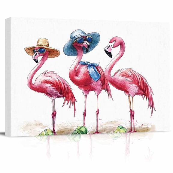 Summer Flamingo Canvas Print Wall Art Green Slippers Blue Hat Beach Ocean Pictures Painting Morden Artwork for Living Room Bedroom, Ready to Hang - 12"x16"