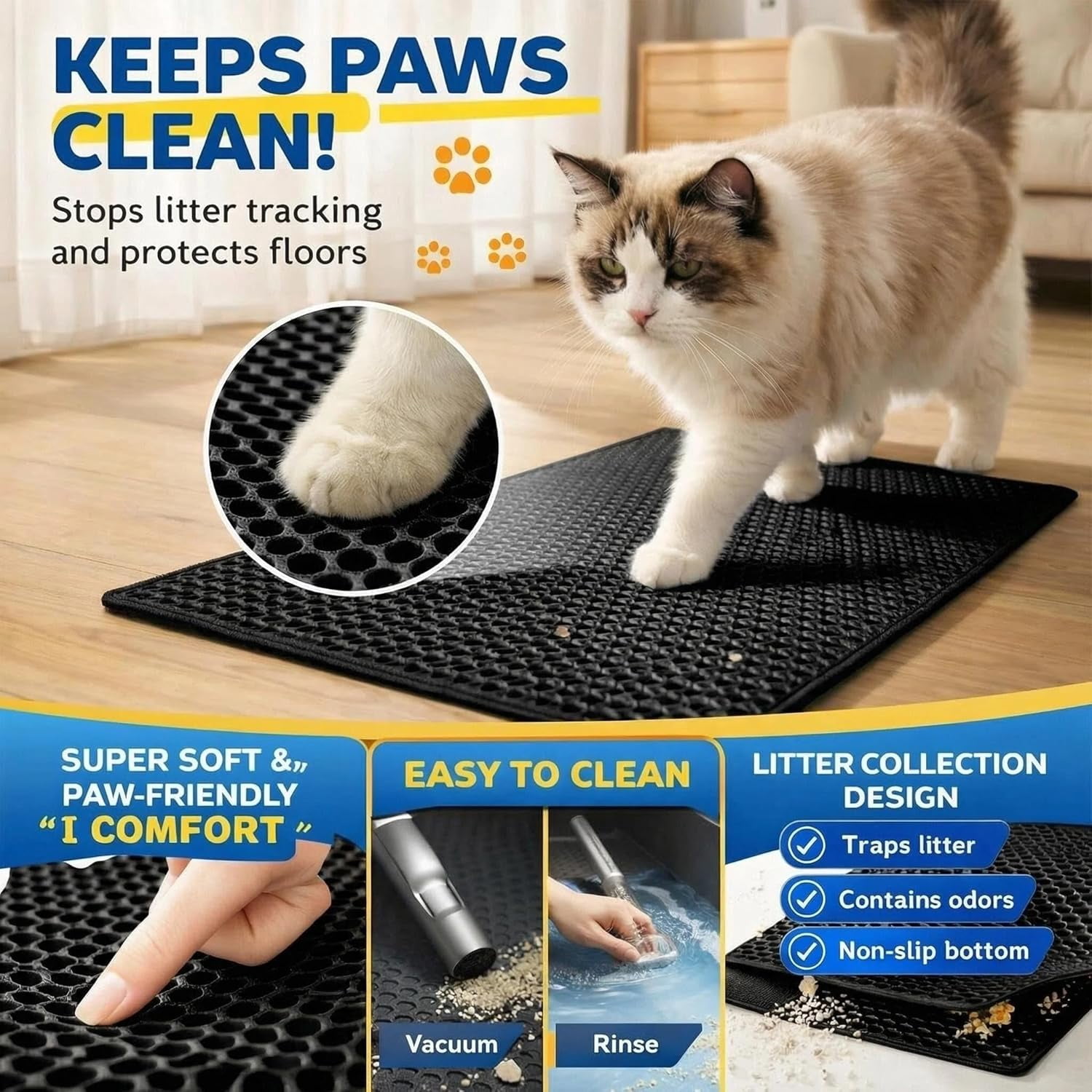 Cat Litter Mat Double Layer Litter Trapping Mat, Non-Slip Waterproof Urine Proof Easy Clean Kitty Litter Box Mat for Pet Floor Scatter Control (Black,30x22in-1 Pieces)