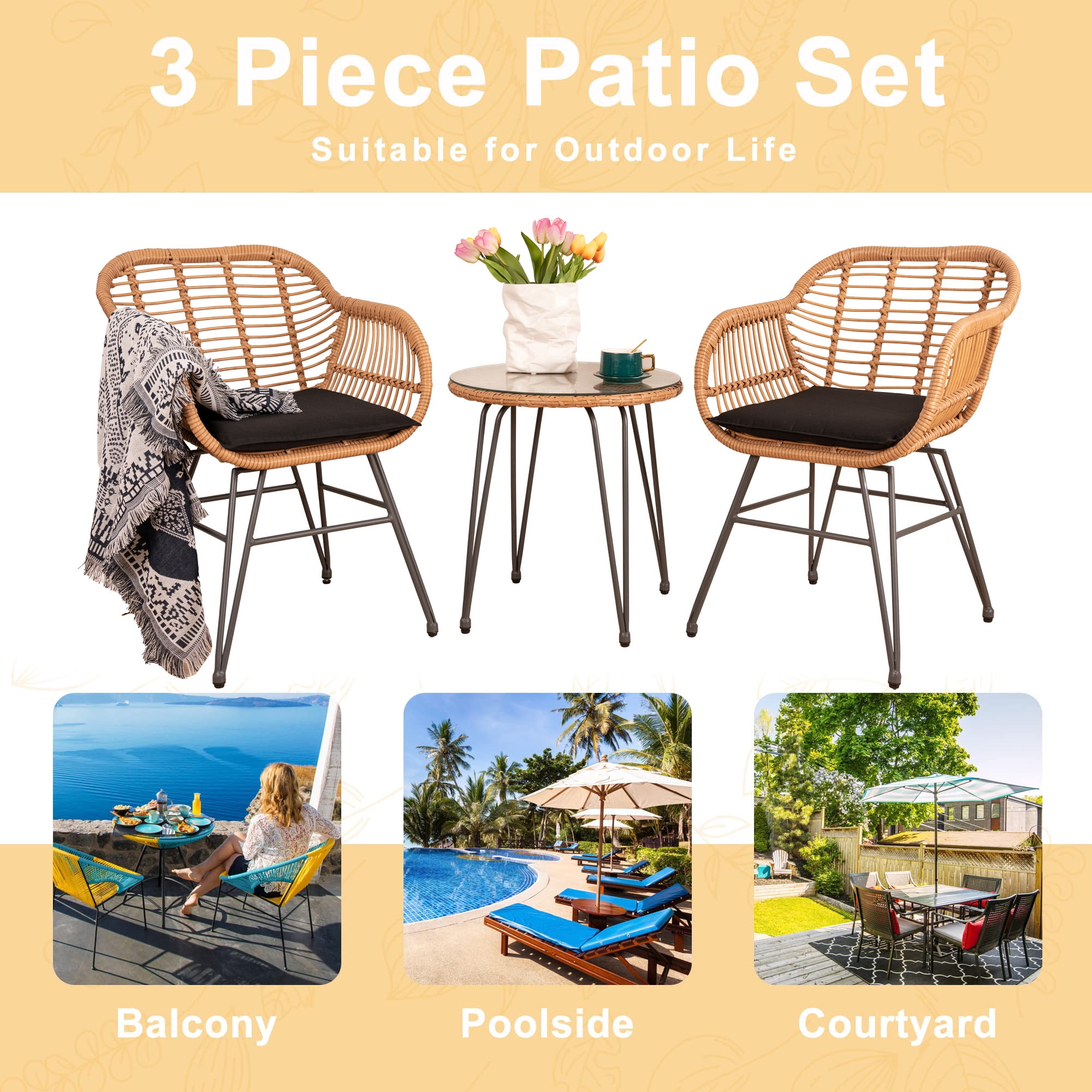 Tappio 3 Piece Outdoor Wicker Furniture Patio Bistro Set, PE Rattan Patio Chairs Set w/Table & Cushions, Modern Outdoor Patio Furniture for Porch Poolside Garden, Black