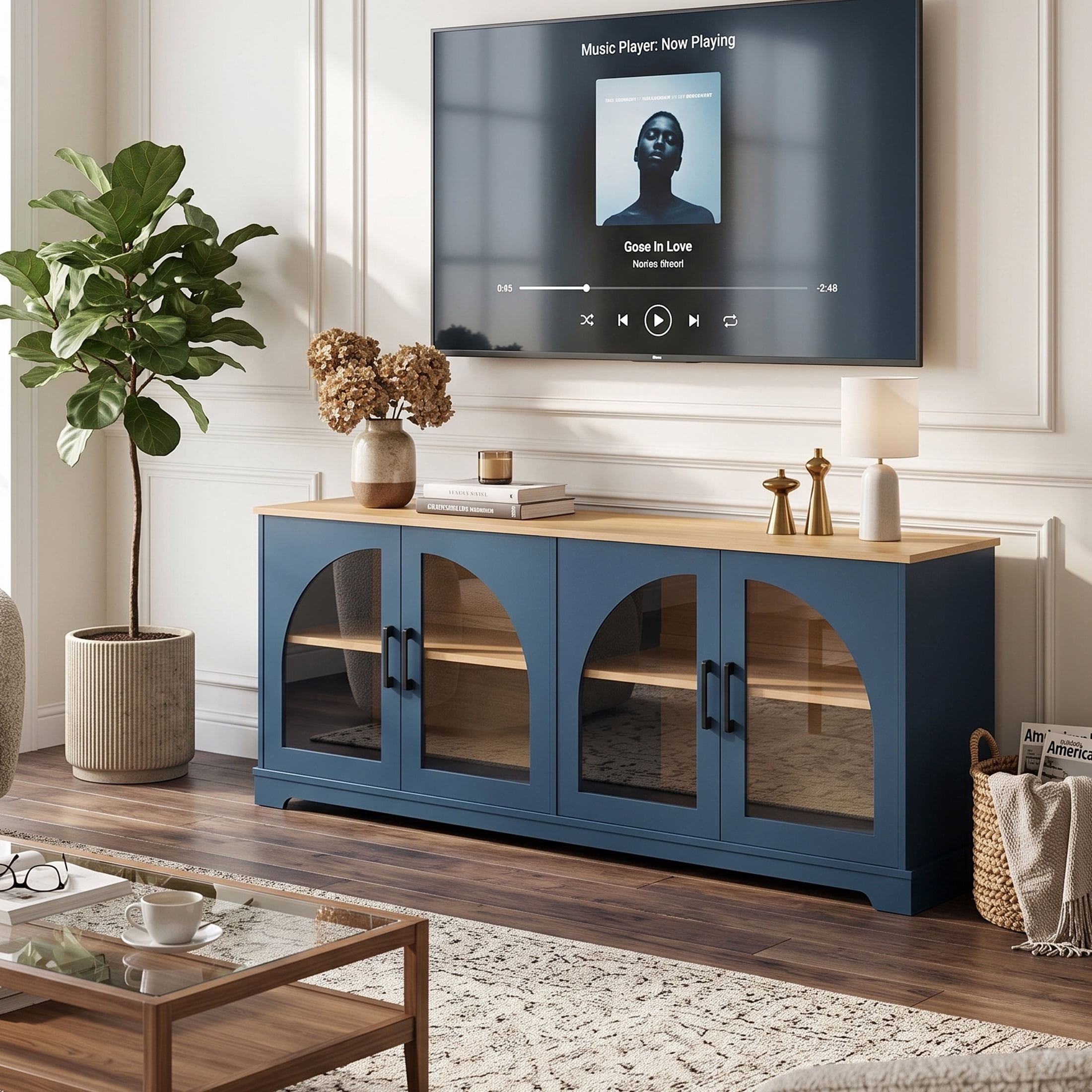Homy Casa 67" TV Stand Media Console for TVs up to 70", Arched Glass Doors, Adjustable Shelves, Blue