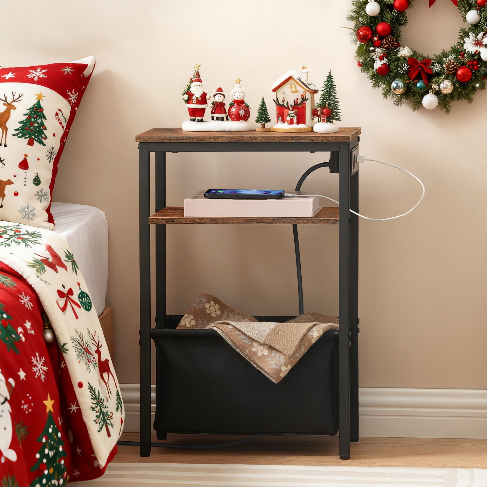 HOOBRO Small Narrow Side Table, Skinny End Table with Charging Station, Extra Slim Nightstand with Storage for Small Spaces, Thin End Table for Living Room, Rustic Brown and Black BF125UBZ01