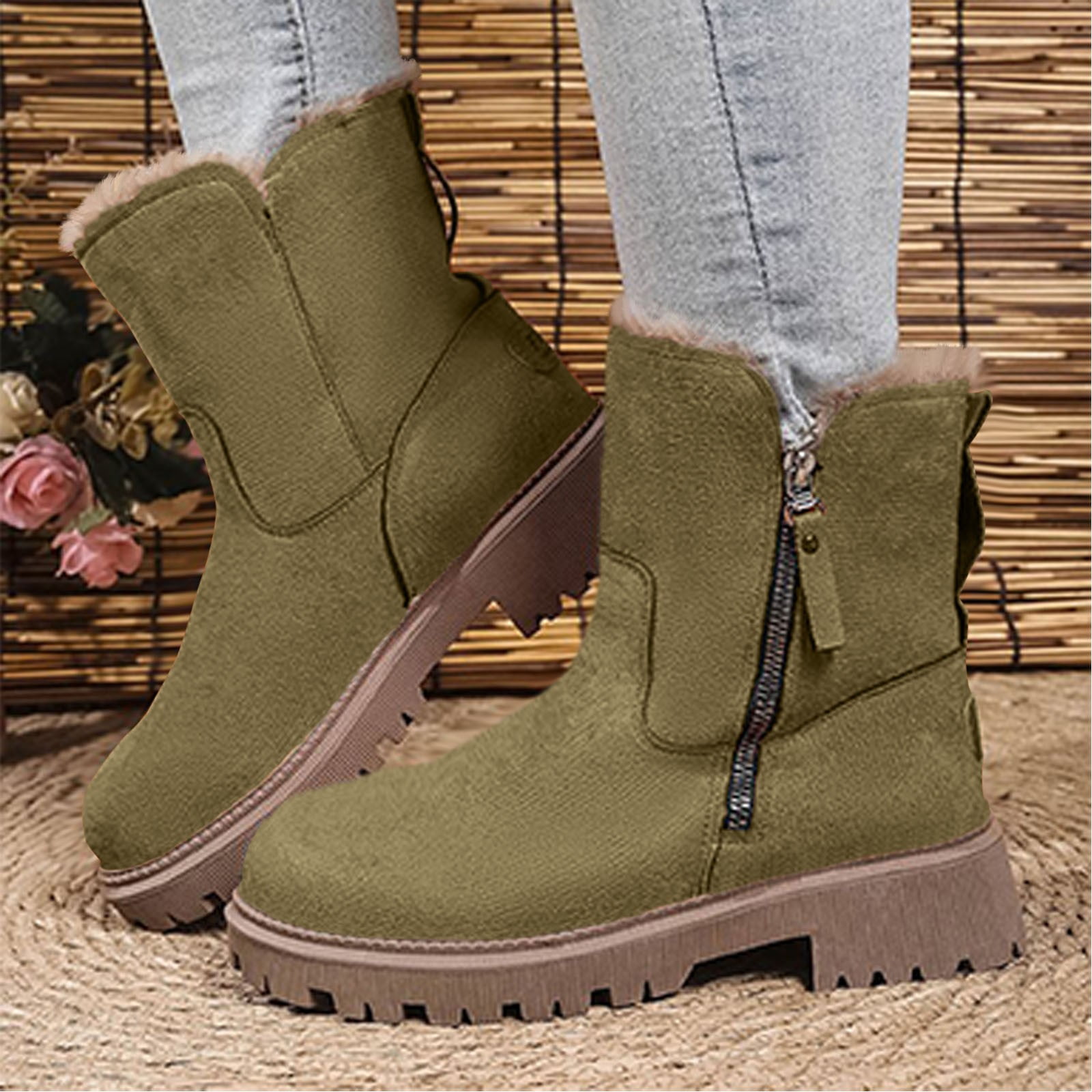 Xfvqtps Thermal Winter Boots for Women Warm Furry Lined Mid Calf Boots Waterproof Snow Shoes Non Slip Sole Outdoor Hiking Booties Comfortable Green