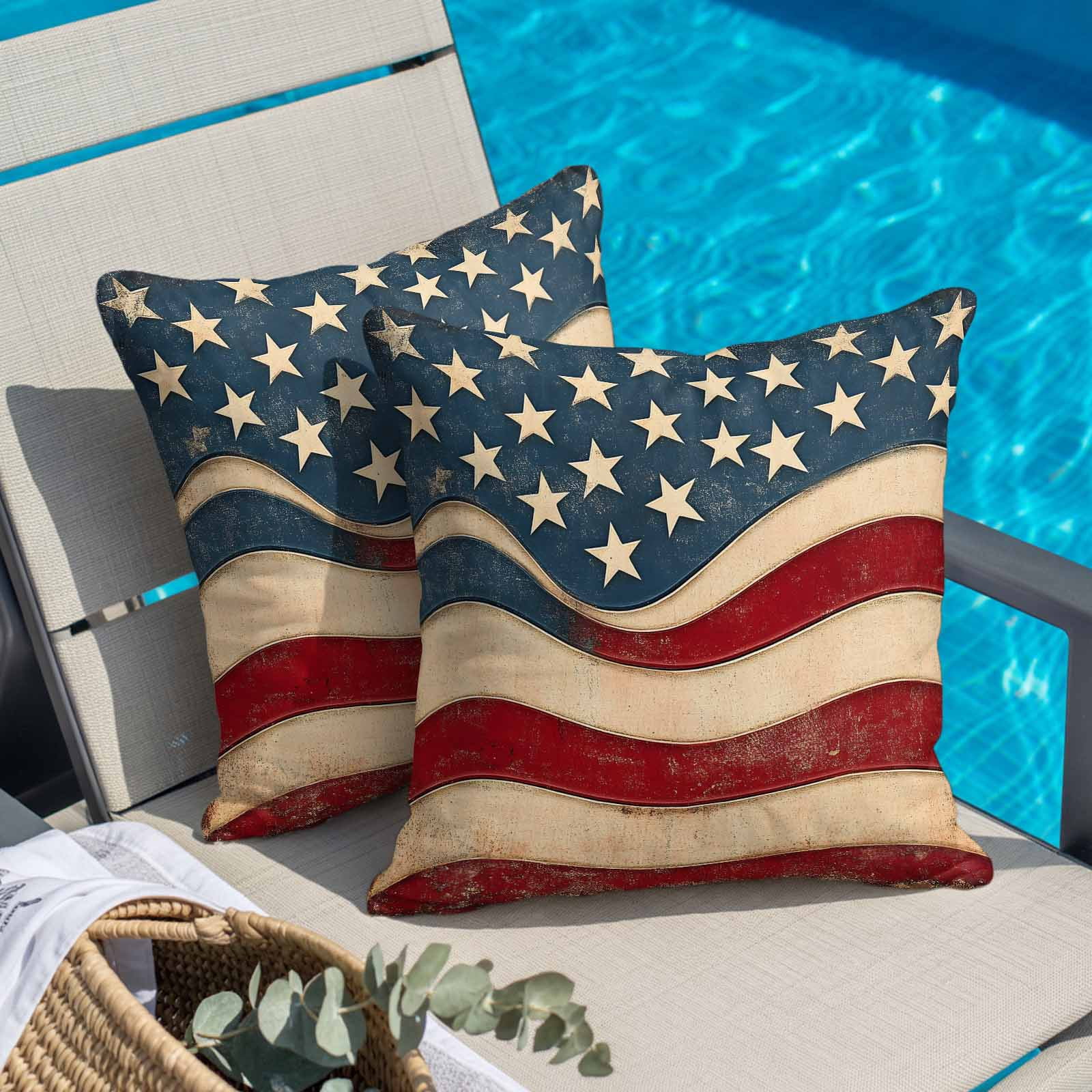 Pillow Covers 26x26 Inch, Vintage American Flag Linen Pillowcase with Invisible Zipper, Blue Red White Star US Flag Decorative Throw Pillow Covers Cushion Case for Couch Sofa Bed Living Room