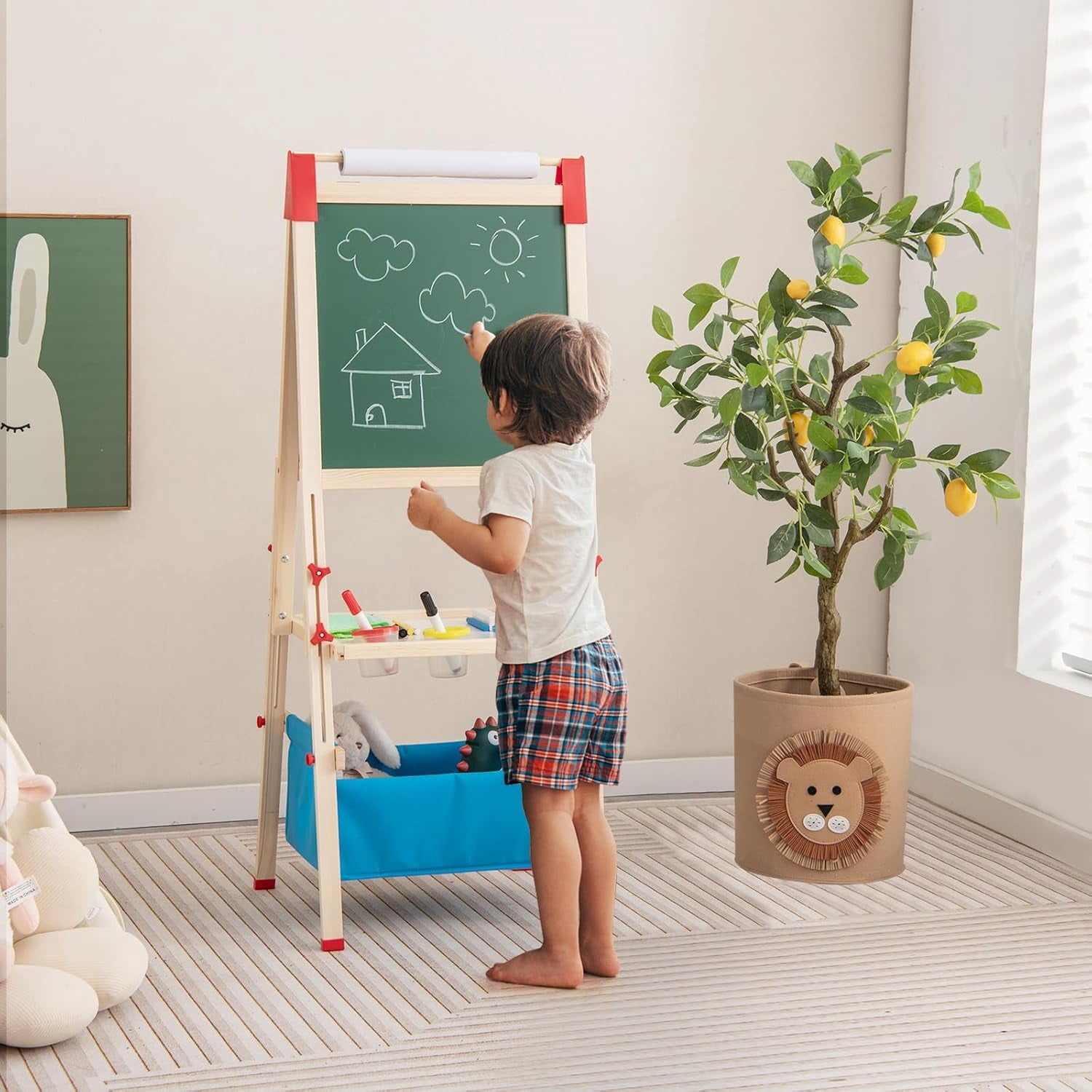 Easel for Kids, All in 1 Double Sided Wooden Art Easel w/Magnetic Chalkboard, Whiteboard, Paper Roll, Storage Tray & Bag, Letters & Numbers Magnets, Height Adjustable Toddler Easel