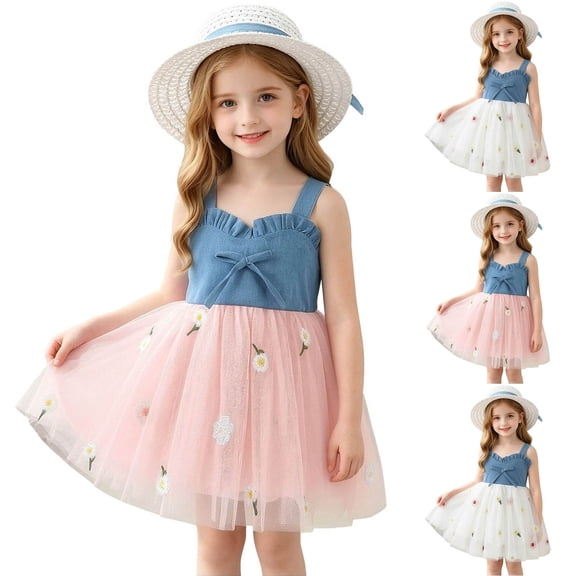 Rvasteizo Toddler Girl Dress Print Sleeveless Round Neck Denim Mesh Dress Floral Print Hat for 6 Months-3 Years Summer Wear