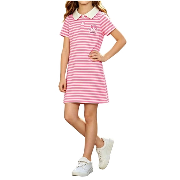 Striped Polos Dresses Girls Straight Loose Casual School Dress Short Sleeve Shift Preppy Clothes Pink, Size 3 Y