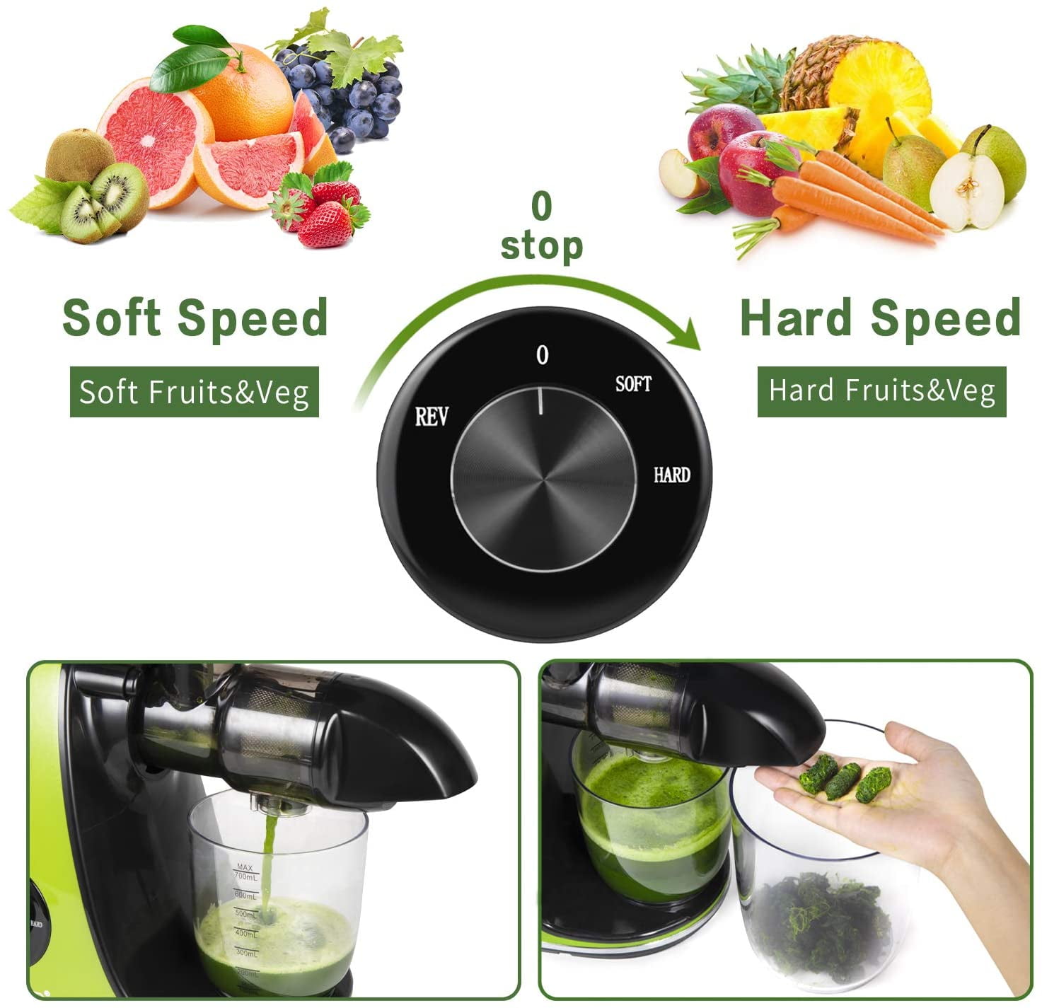 Horizontal Cold Press Juicer, Two Speed ​ ​ Adjustments, Slow Masticating Juicer Extractor, Easy to Clean, Silent Motor, Suitable for Vegetables and Fruits,  (Green)