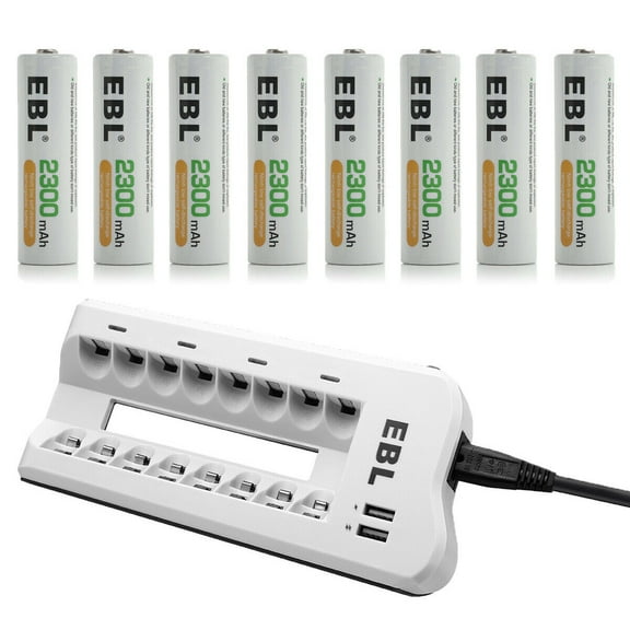 EBL 2300mAh Ni-MH AA Rechargeable Batteries (8 Pack) and 808U Rechargeable AA AAA Battery Charger with 2 USB Charging Ports