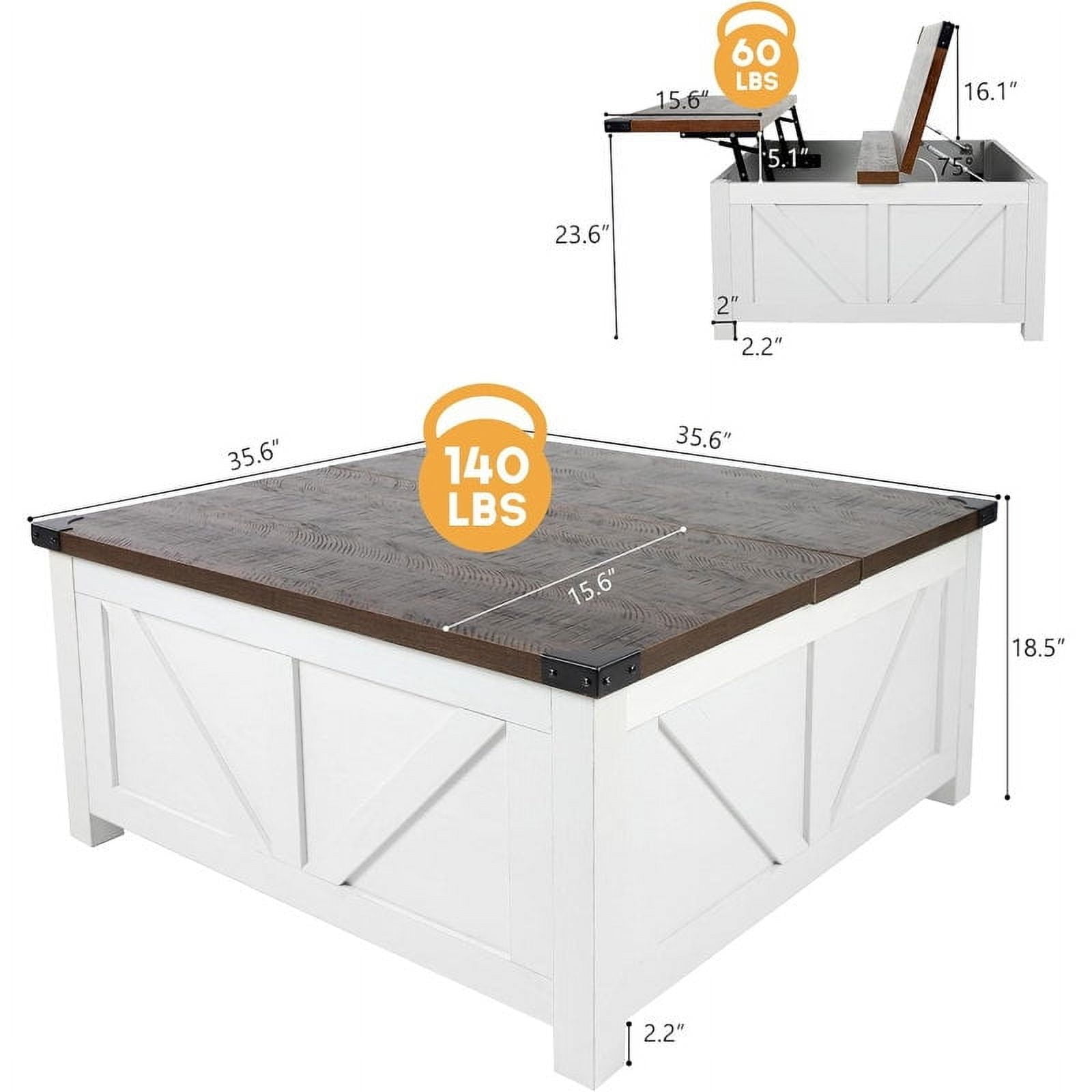 35.6" Farmhouse Lift Top Coffee Table with Charging Ports,Large Square Coffee Table with Storage, Wood Center Table w/Large Hidden Space for Living Room Home Office,White Brown